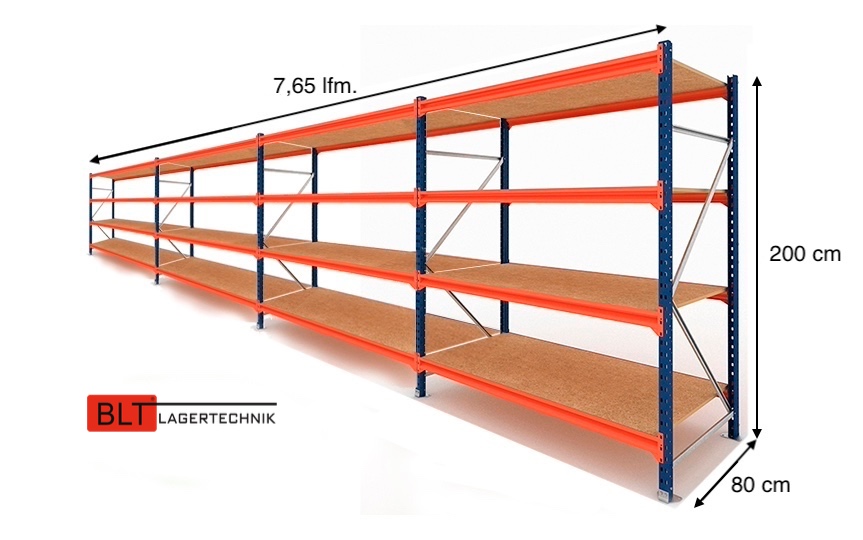 7,65 lfm Weitspannregale 80cm tief , 4 Ebenen, Werkstattregale , Lagerregale , Großfachregale , Handlager , Fachbodenregale